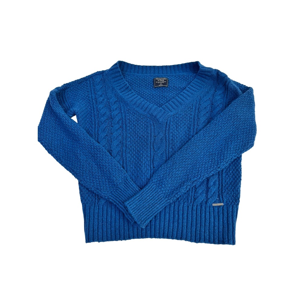Abercrombie & Fitch Womens Blue Cable Knit V-Neck Sweater Size M Popcorn Texture
